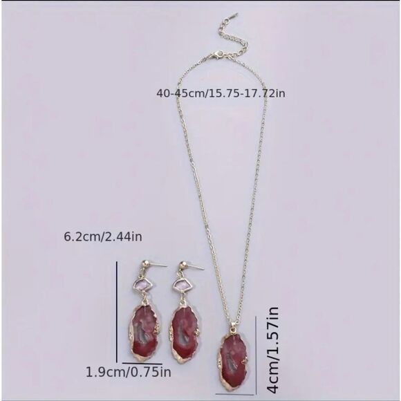 Boho Gold Plated Red Resin Necklace Earrings Matching Set - Picture 3 of 4